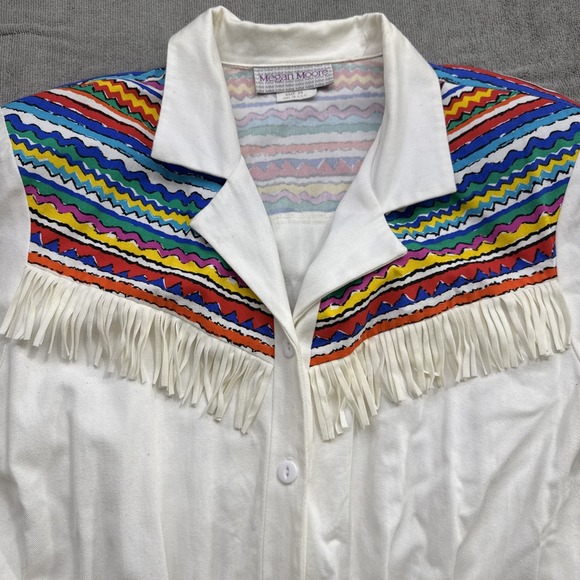 Vintage Western Fringe Dress White Embroidered Cowboy Midi Womens 16 Prairie - Picture 3 of 11